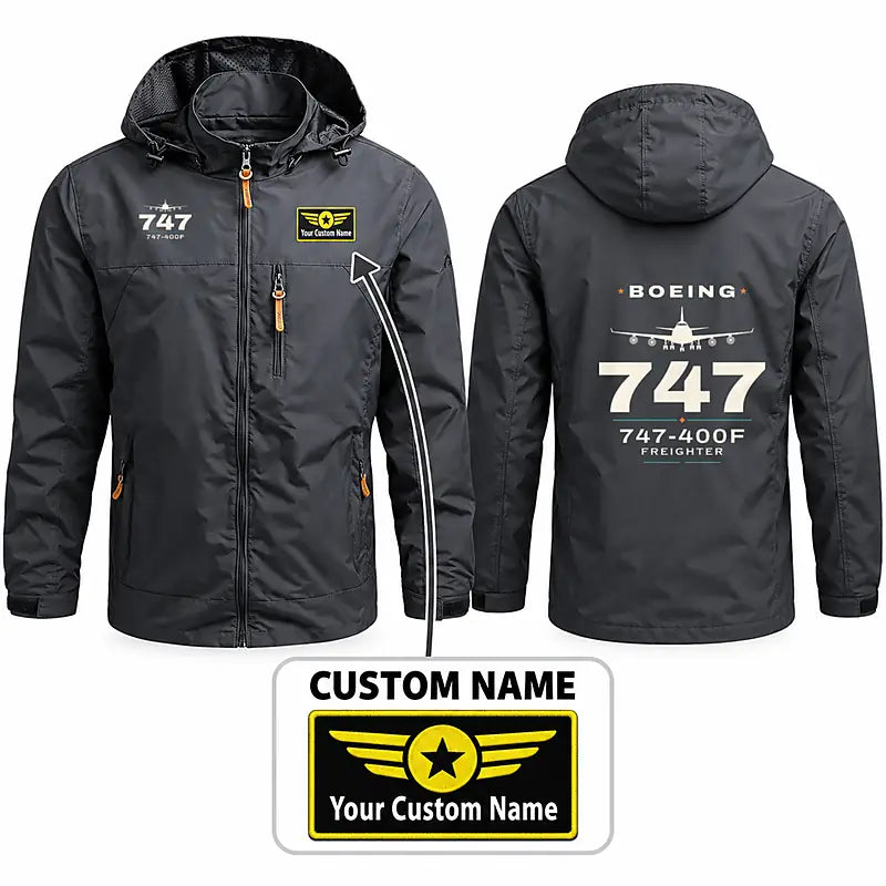 Boeing 747-400F Stylish Jackets - Hooded Windbreaker - Heritage + Name - Charcoal
