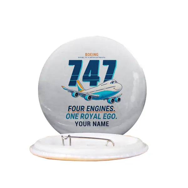Boeing 747-8 Intercontinental - Cartoon + Name - Pin - Light Gray