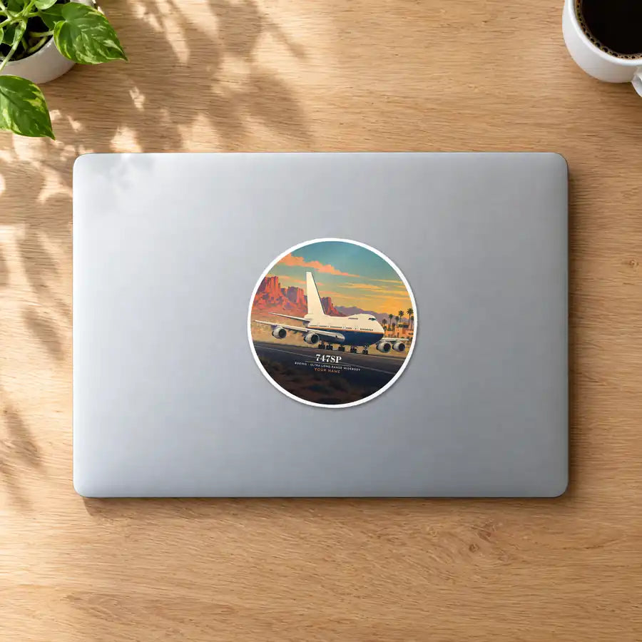 Boeing 747SP - 3D + Name - Circle Sticker - MacBook