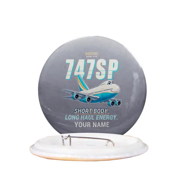 Boeing 747SP - Cartoon + Name - Pin - Gray