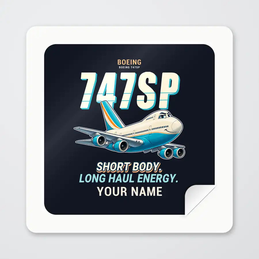 Boeing 747SP - Cartoon + Name - Square Sticker - Peel