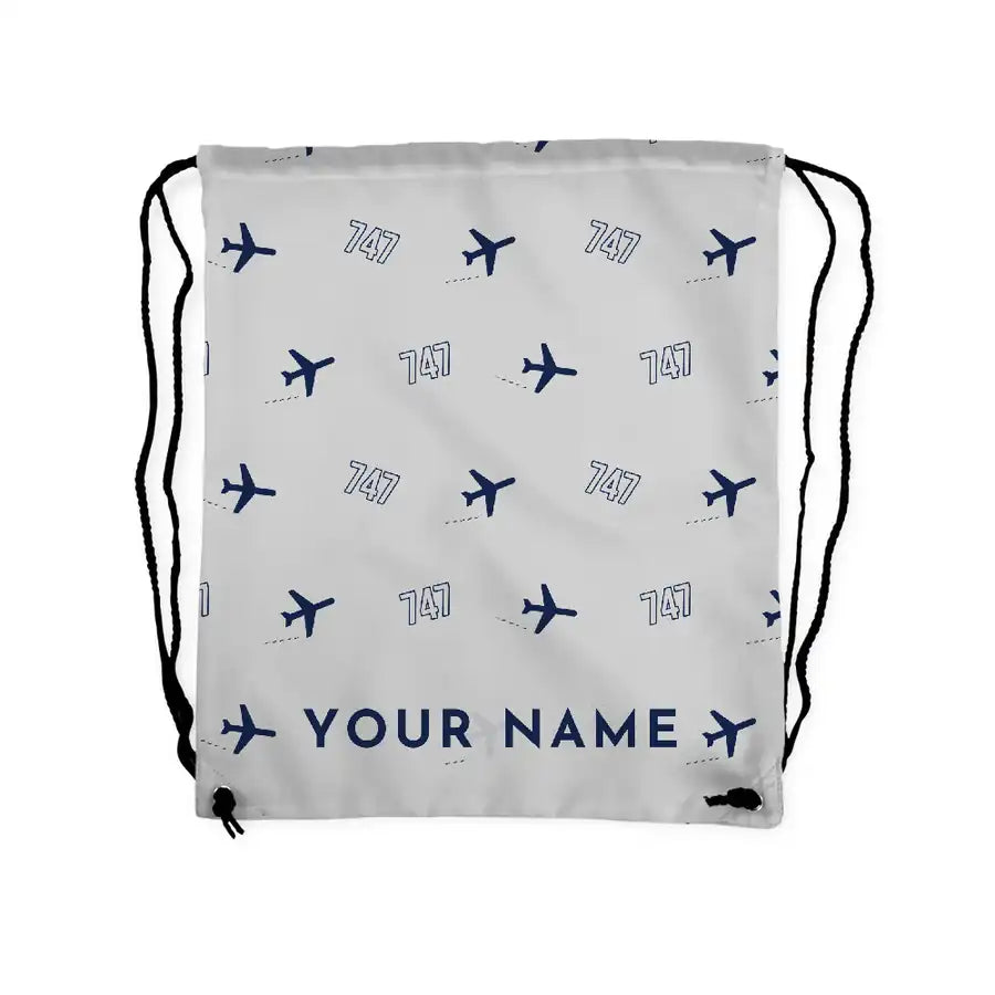 Boeing 747SP - Drawstring Bag - 3D Pattern + Name - Light Gray