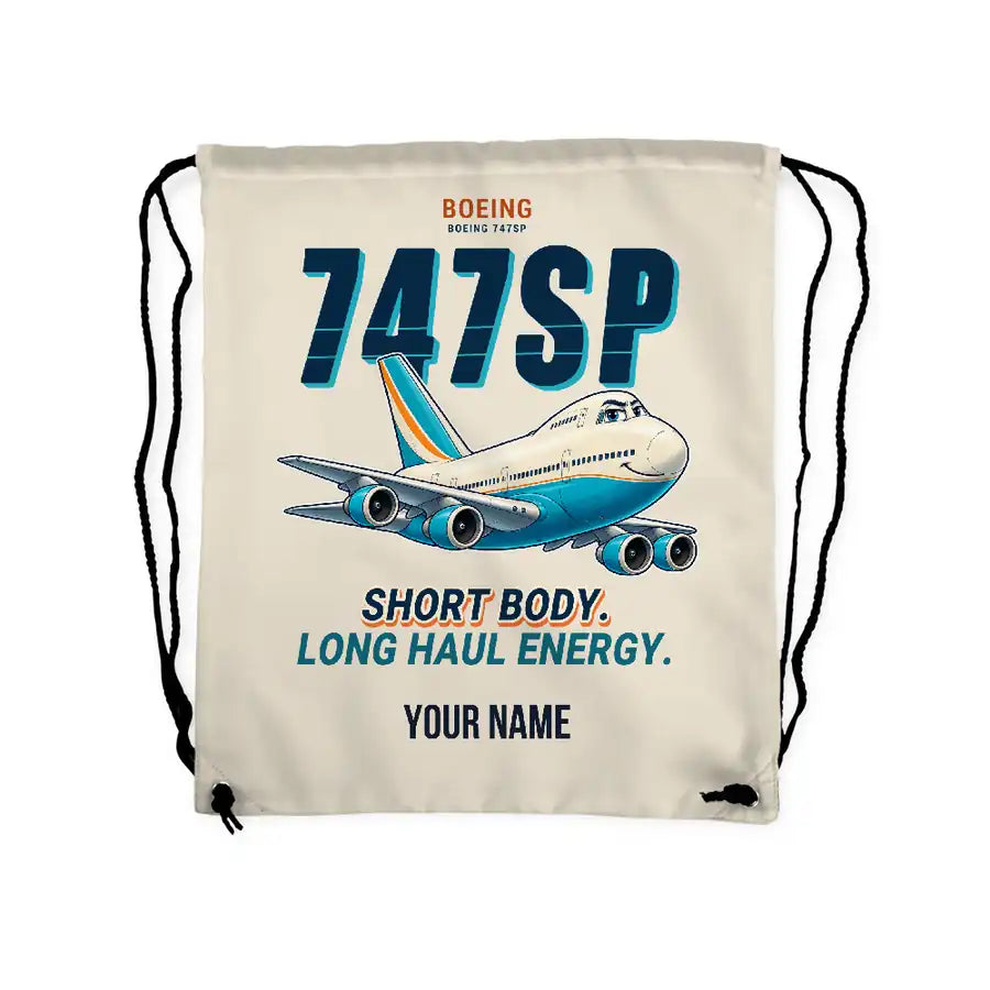 Boeing 747SP - Drawstring Bag - Cartoon + Name - Beige
