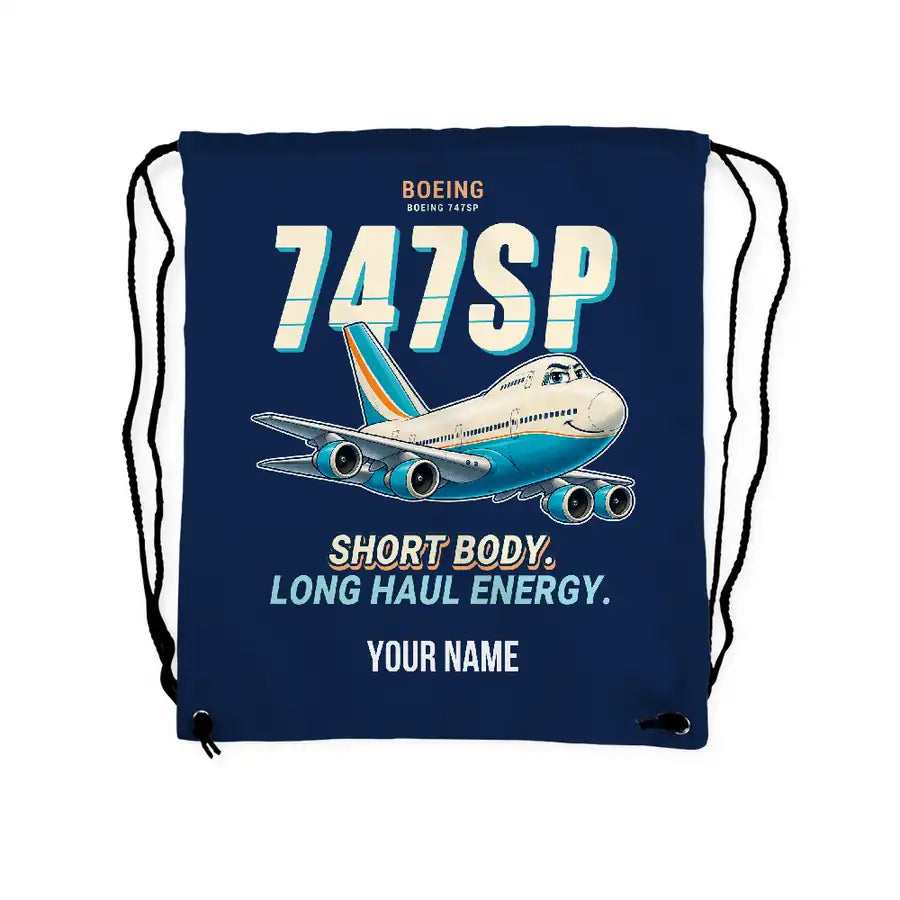Boeing 747SP - Drawstring Bag - Cartoon + Name - Dark Blue