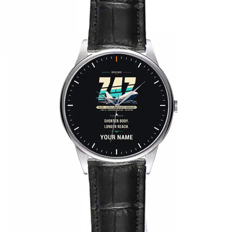 Boeing 747SP - Original + Name - Leather Strap - Striped Black Leather Strap