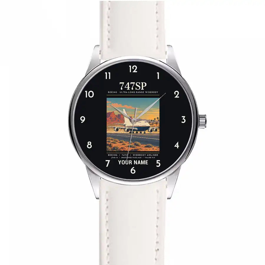 Boeing 747SP - Poster + Name - Leather Strap - White Leather Strap