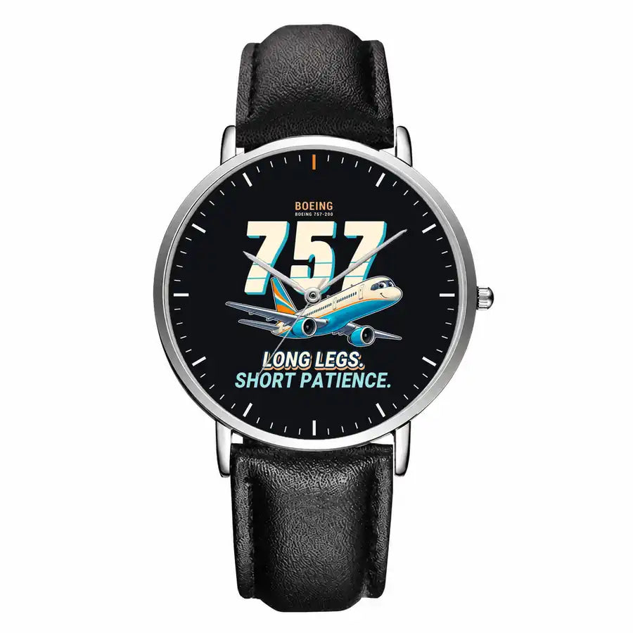 Boeing 757-200 - Cartoon - Slim Leather - Silver and Black Leather Strap
