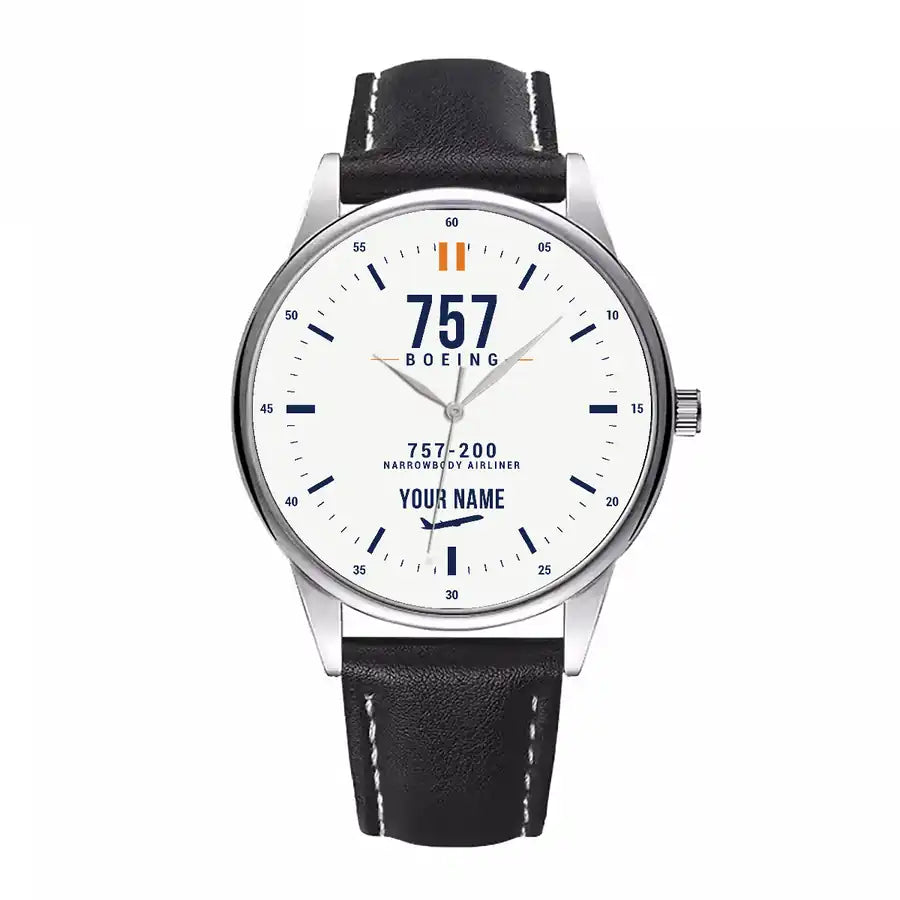Boeing 757-200 - Classic - White + Name - Leather Strap - Black Leather Strap