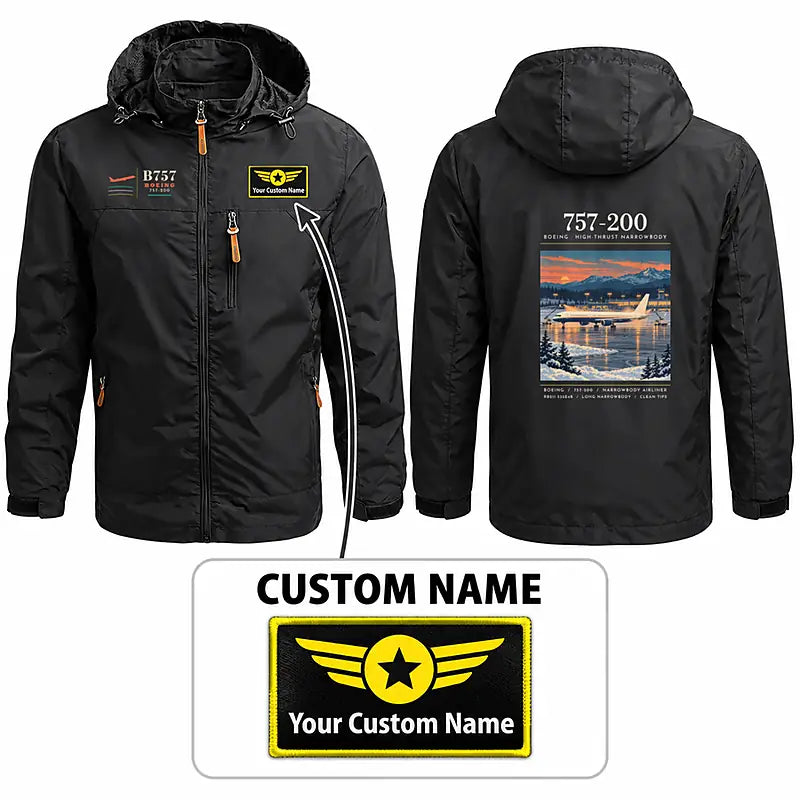 Boeing 757-200 Stylish Jackets - Hooded Windbreaker - Poster + Name - Black