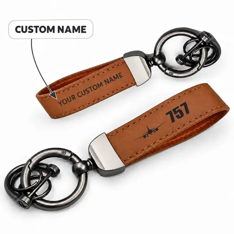 Boeing 757-300 - Leather Key Chain - Horseshoe Buckle - Heritage - Camel + Name