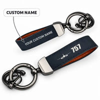 Thumbnail for Boeing 757-300 - Leather Key Chain - Horseshoe Buckle - Heritage - Navy Blue + Name