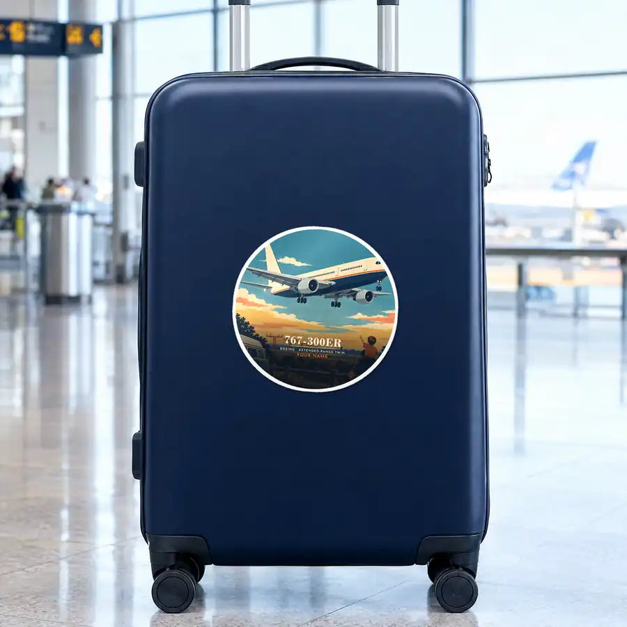 Boeing 767-300ER - 3D + Name - Circle Sticker - Suitcase