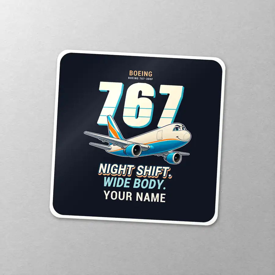 Boeing 767-300F - Cartoon + Name - Square Sticker - Close-up