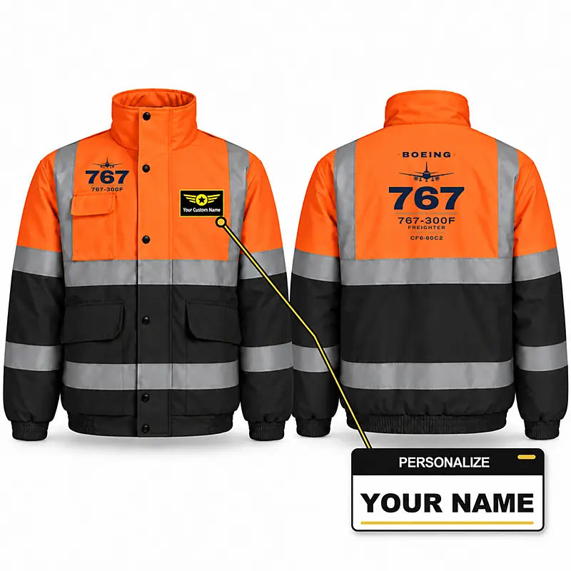 Boeing 767-300F Reflective Winter Jackets - Heritage + Name - Orange & Navy
