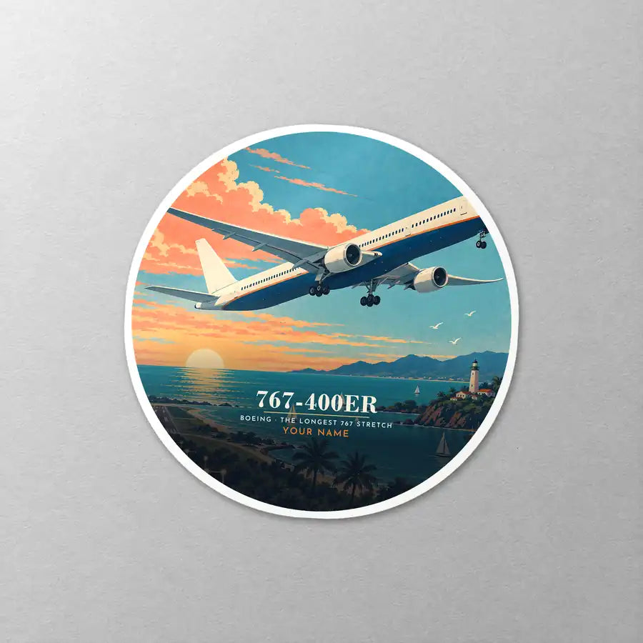 Boeing 767-400ER - 3D + Name - Circle Sticker - Close-up