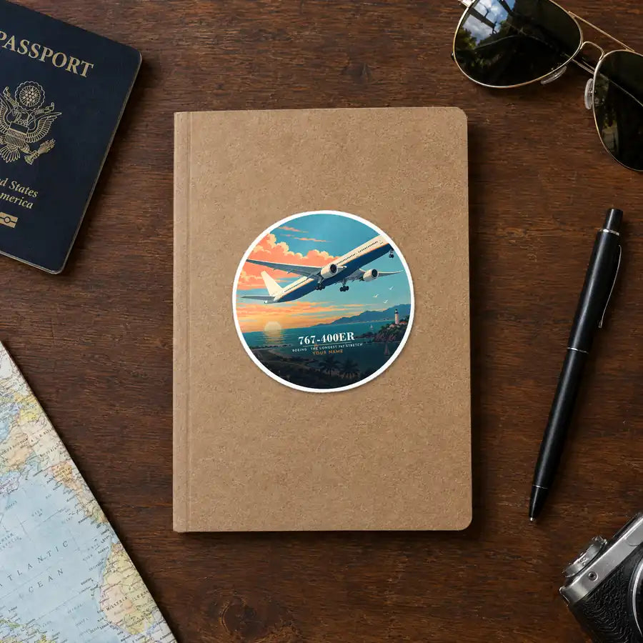 Boeing 767-400ER - 3D + Name - Circle Sticker - Notebook