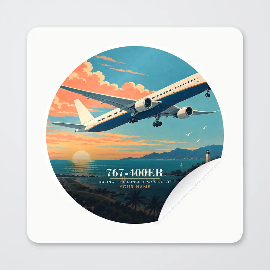 Boeing 767-400ER - 3D + Name - Circle Sticker - Peel