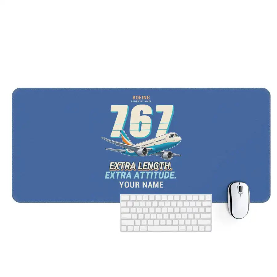 Boeing 767-400ER - Cartoon + Name - Desk Mat - Blue