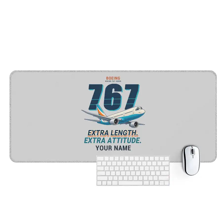 Boeing 767-400ER - Cartoon + Name - Desk Mat - Light Gray