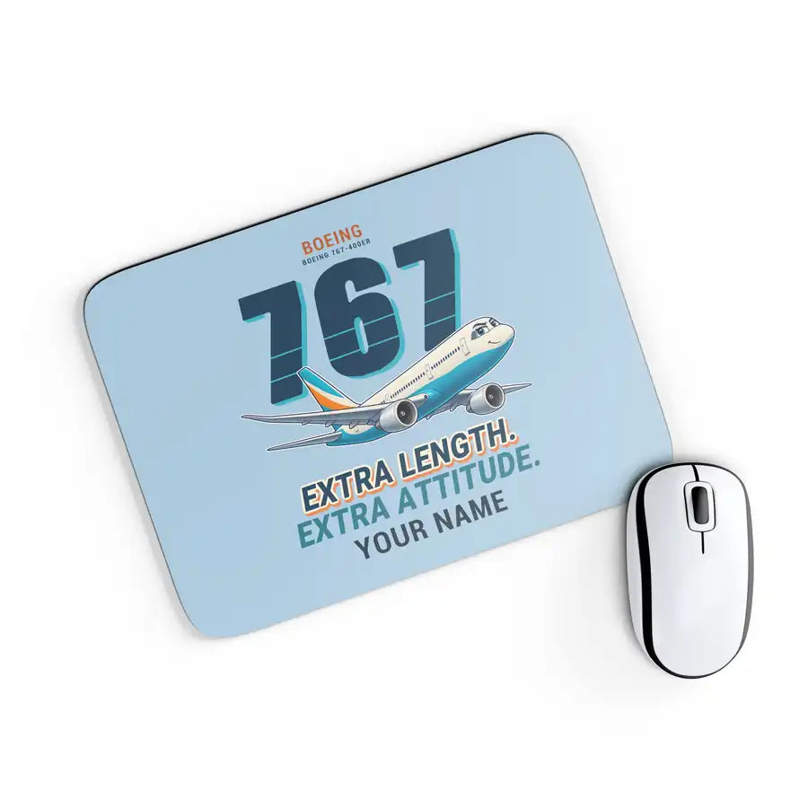 Boeing 767-400ER - Cartoon + Name - Mouse Pad - Light Blue