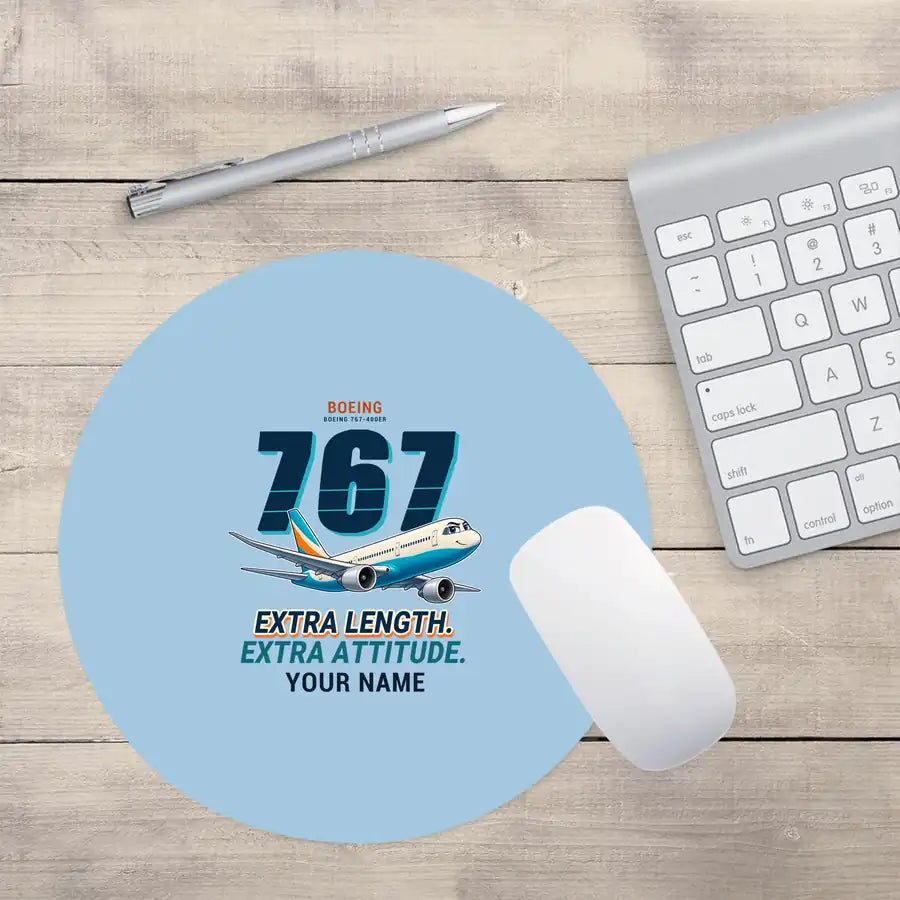 Boeing 767-400ER - Cartoon + Name - Round Mouse Pad - Light Blue