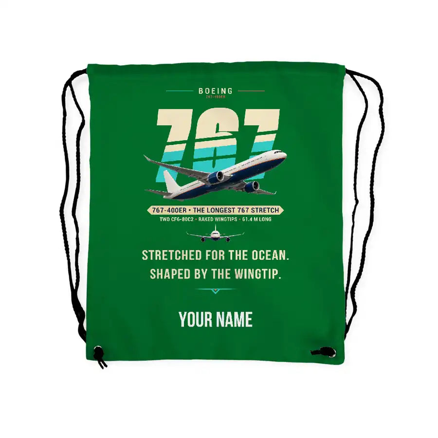 Boeing 767-400ER - Drawstring Bag - Original + Name - Green