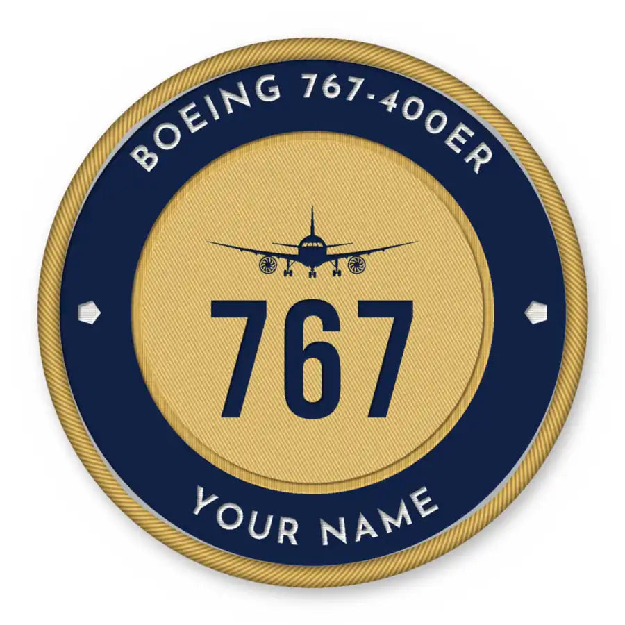 Boeing 767-400ER Patches - Circle + Name - Navy Gold