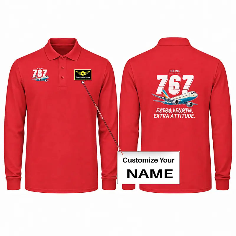 Boeing 767-400ER Premium Polo T-Shirts - Cartoon + Name - Long Sleeve - Red