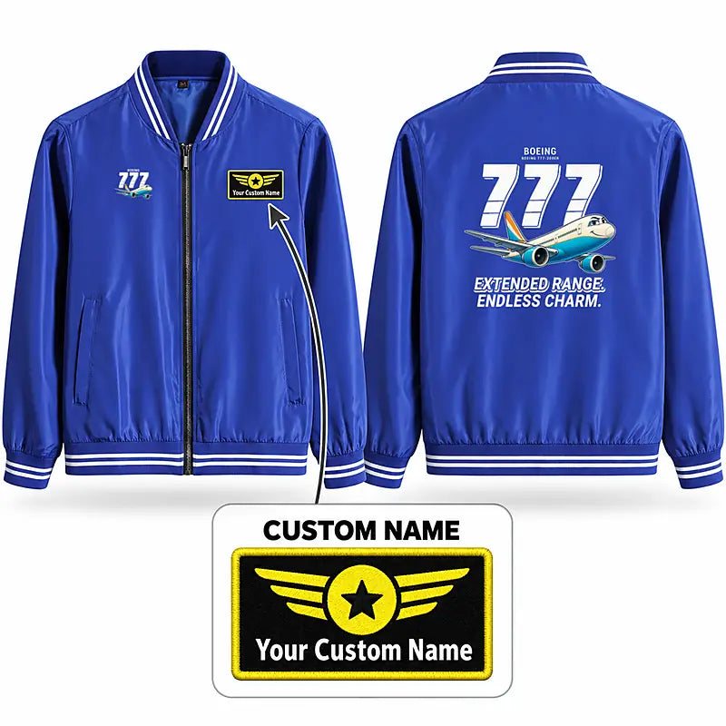Boeing 777-200ER Stylish Jackets - Baseball Collar - Cartoon + Name - Royal Blue