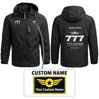 Thumbnail for Boeing 777-200ER Stylish Jackets - Hooded Windbreaker - Heritage + Name - Black