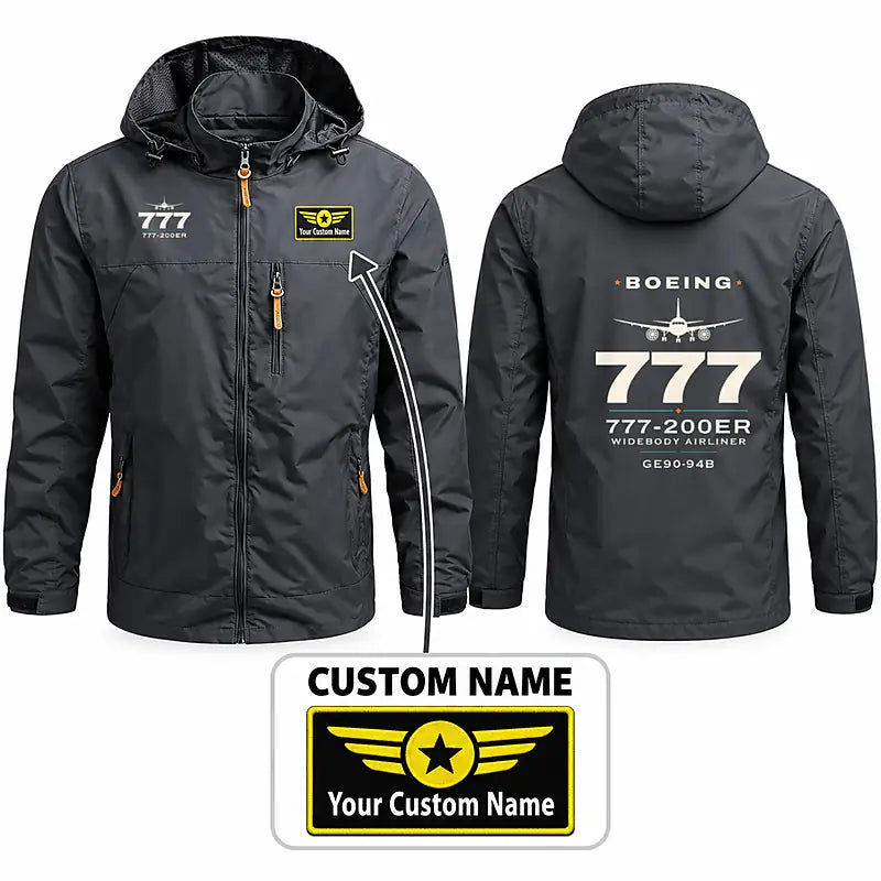 Boeing 777-200ER Stylish Jackets - Hooded Windbreaker - Heritage + Name - Charcoal