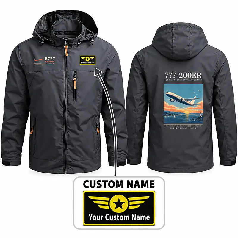 Boeing 777-200ER Stylish Jackets - Hooded Windbreaker - Poster + Name - Charcoal