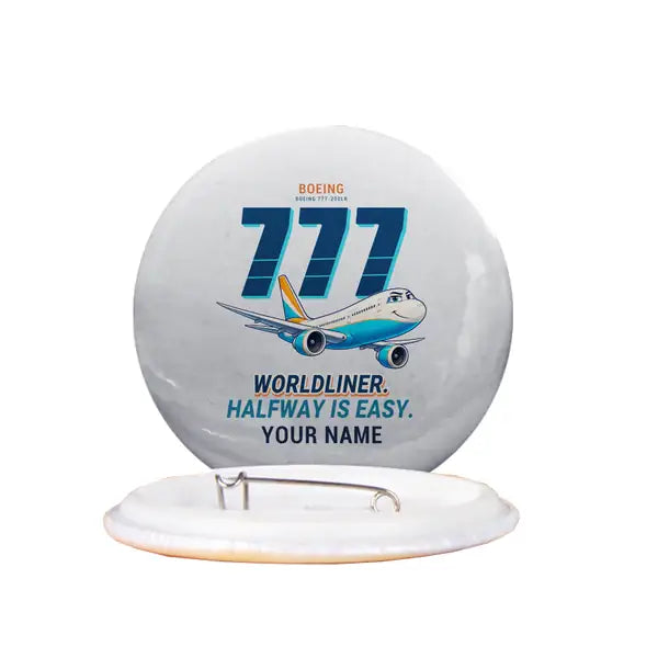 Boeing 777-200LR - Cartoon + Name - Pin - Light Gray