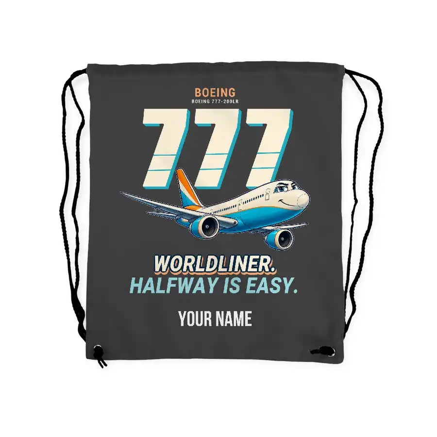 Boeing 777-200LR - Drawstring Bag - Cartoon + Name - Gray