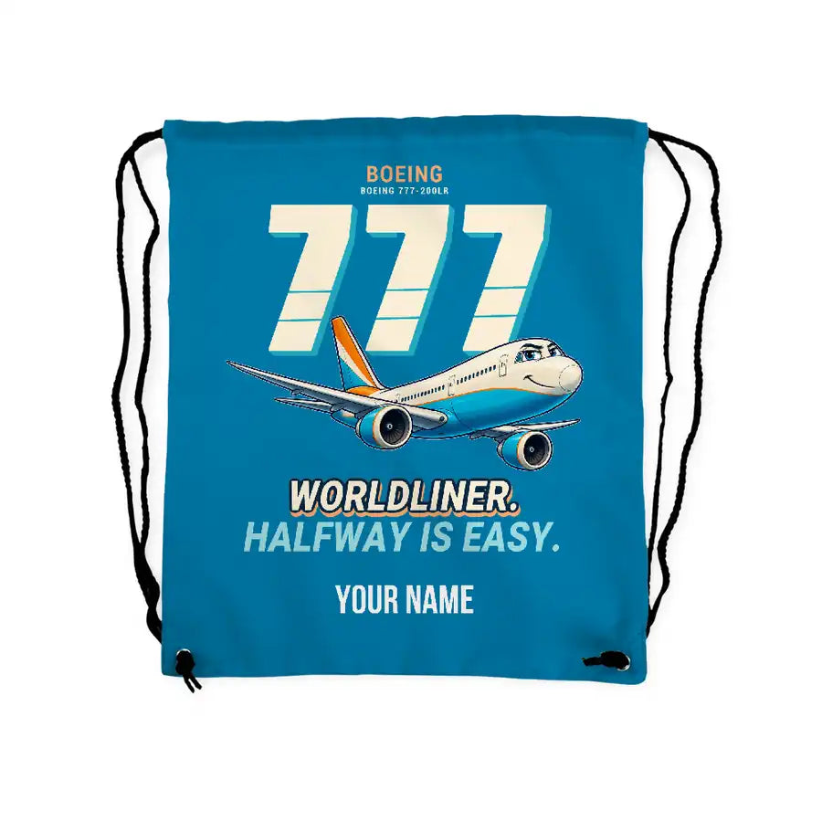 Boeing 777-200LR - Drawstring Bag - Cartoon + Name - Light Blue