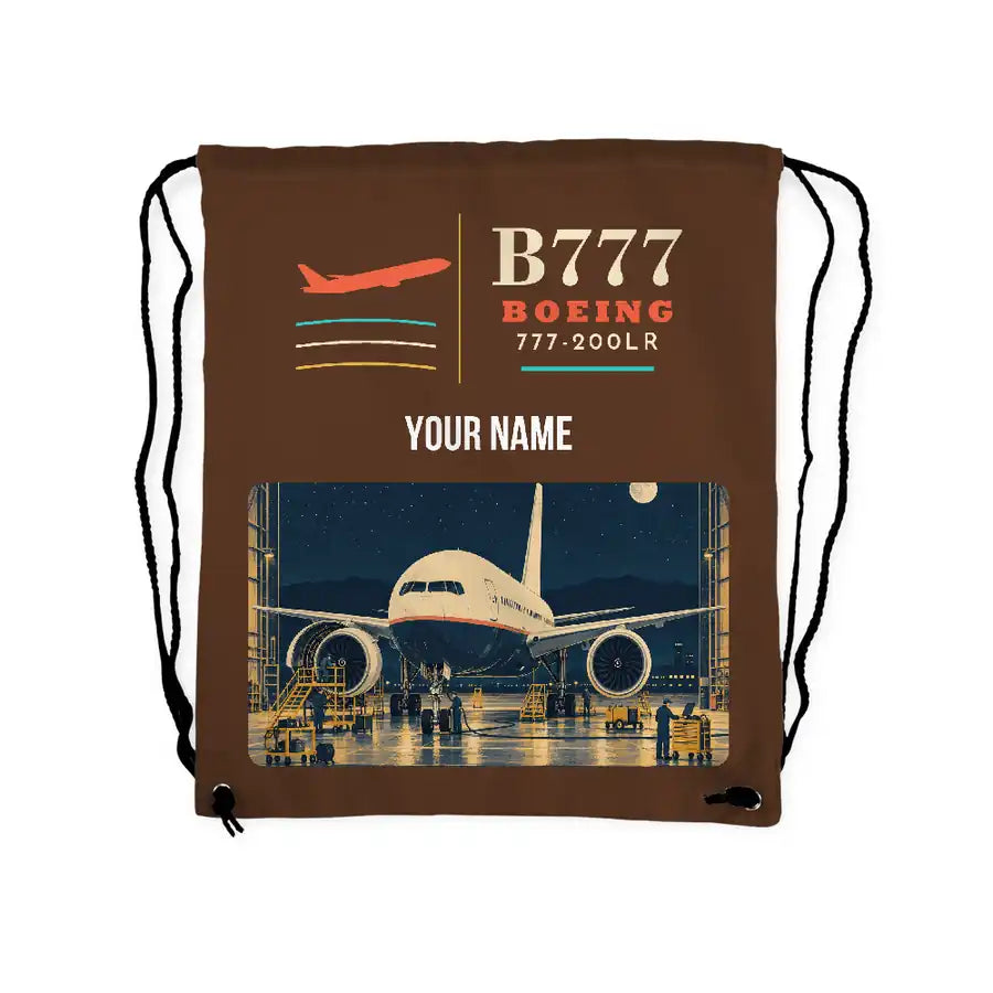 Boeing 777-200LR - Drawstring Bag - Classic + Name - Brown