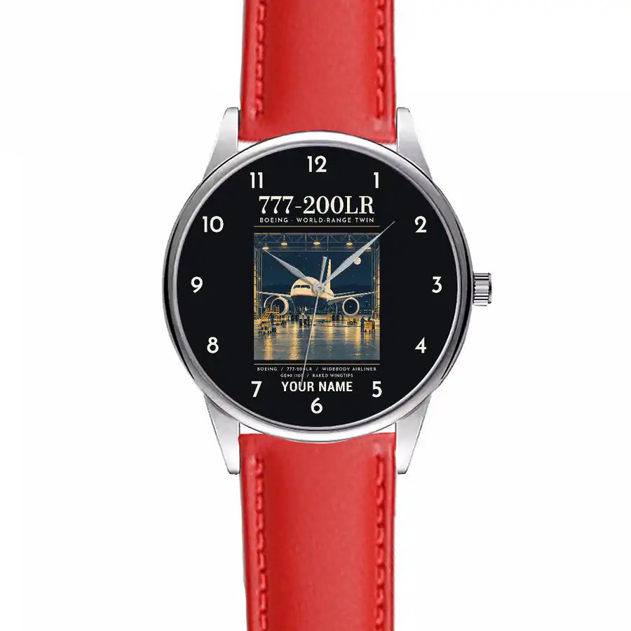 Boeing 777-200LR - Poster + Name - Leather Strap - Red Leather Strap