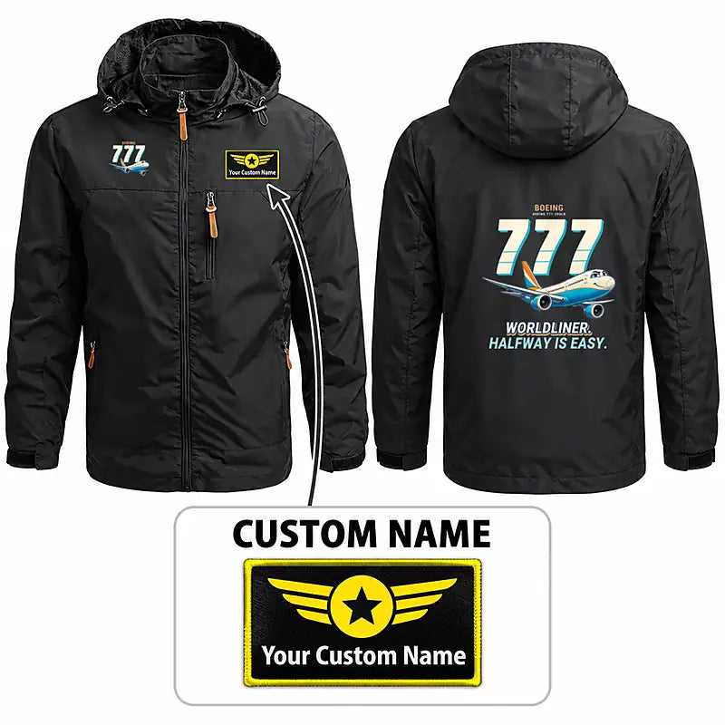 Boeing 777-200LR Stylish Jackets - Hooded Windbreaker - Cartoon + Name - Black