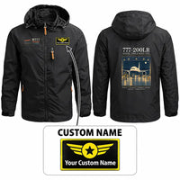 Thumbnail for Boeing 777-200LR Stylish Jackets - Hooded Windbreaker - Poster + Name - Black