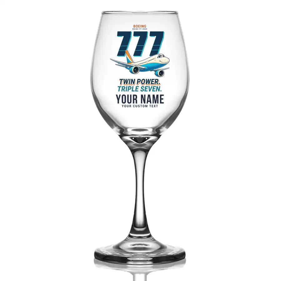 Boeing 777-300ER - Cartoon + Name - Wine Glass