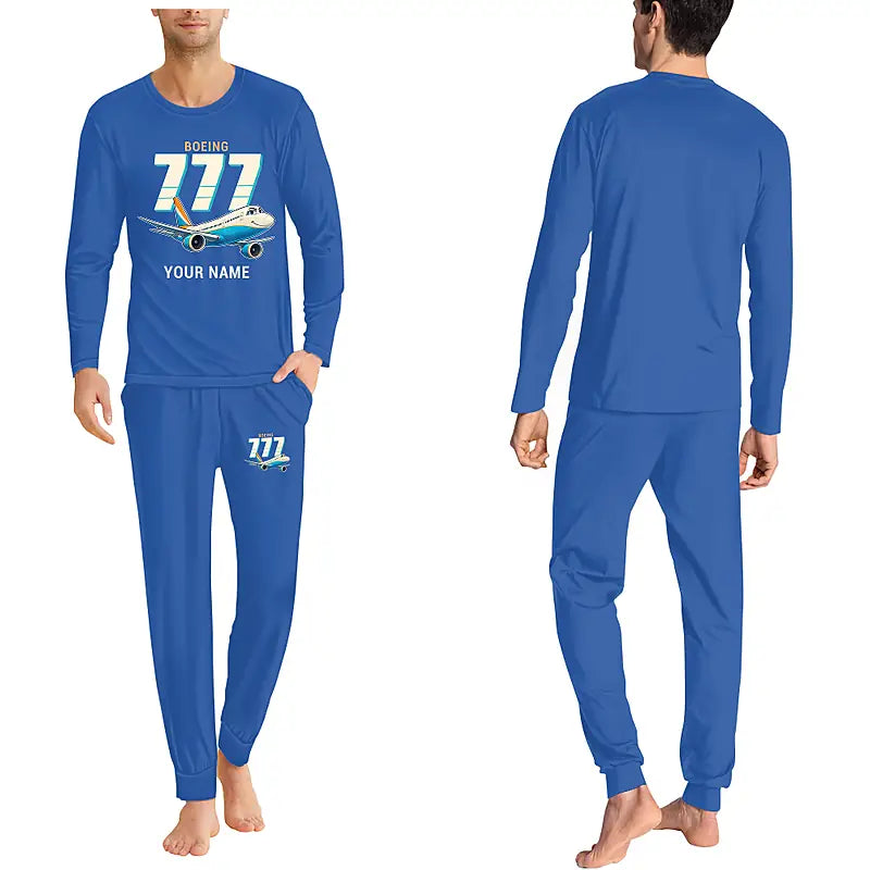 Boeing 777-300ER - Men Pajamas - Cartoon Chest + Name - Blue