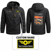 Thumbnail for Boeing 777-300ER Stylish Jackets - Hooded Windbreaker - Poster + Name - Black