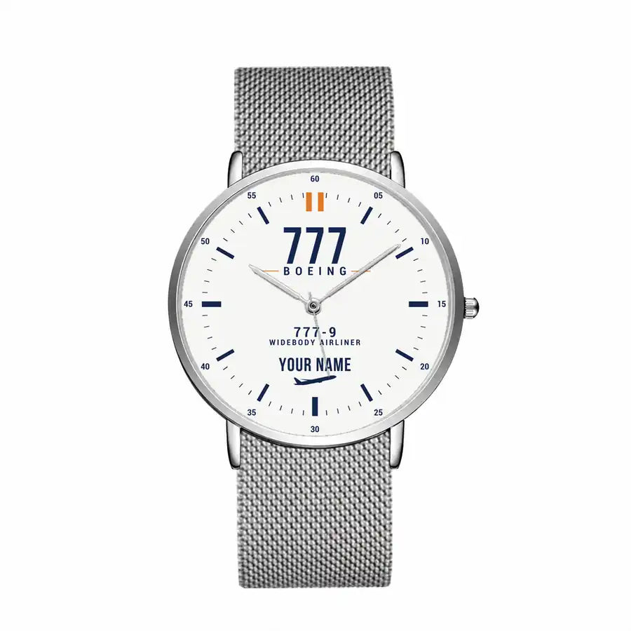 Boeing 777-9 - Classic - White + Name - Slim Mesh - Silver and Silver Stainless Steel Strap