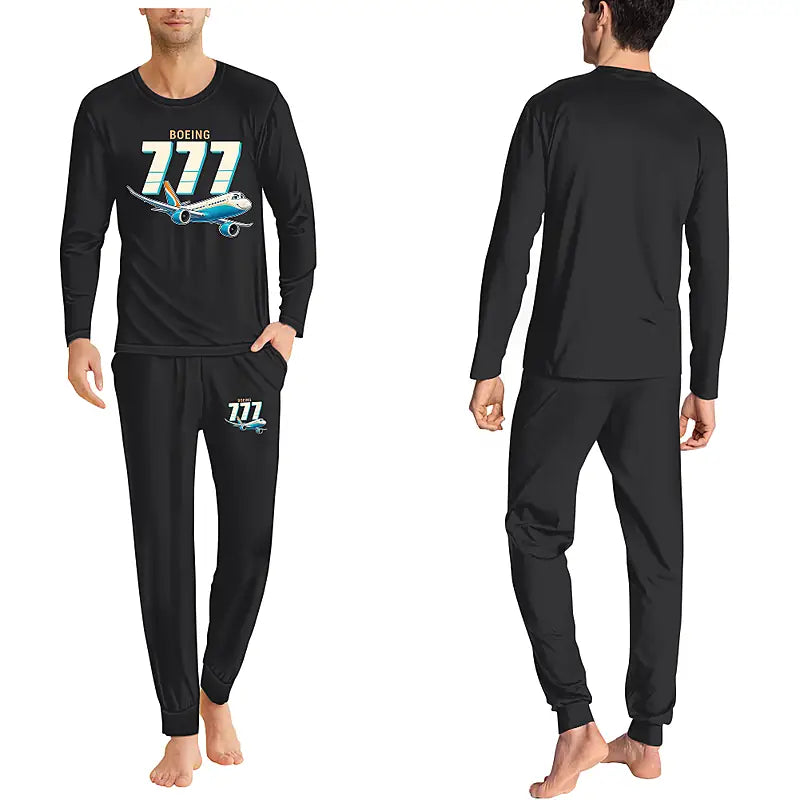 Boeing 777-9 - Men Pajamas - Cartoon Chest - Black