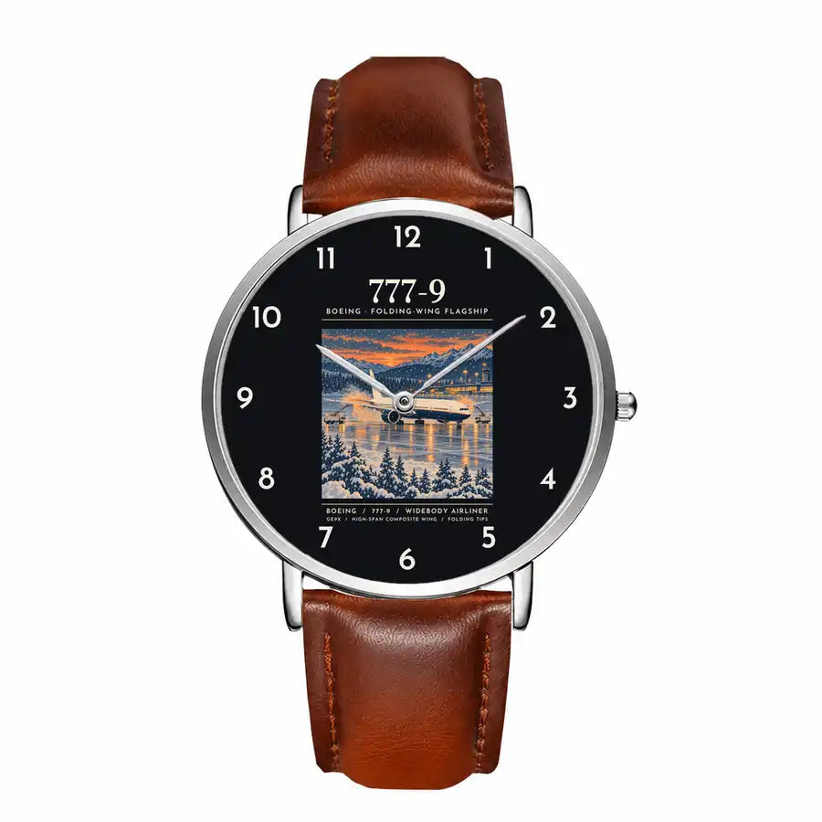 Boeing 777-9 - Poster - Slim Leather - Silver and Brown Leather Strap