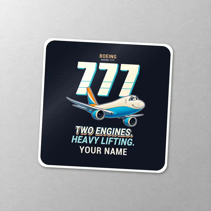 Boeing 777F - Cartoon + Name - Square Sticker - Close-up