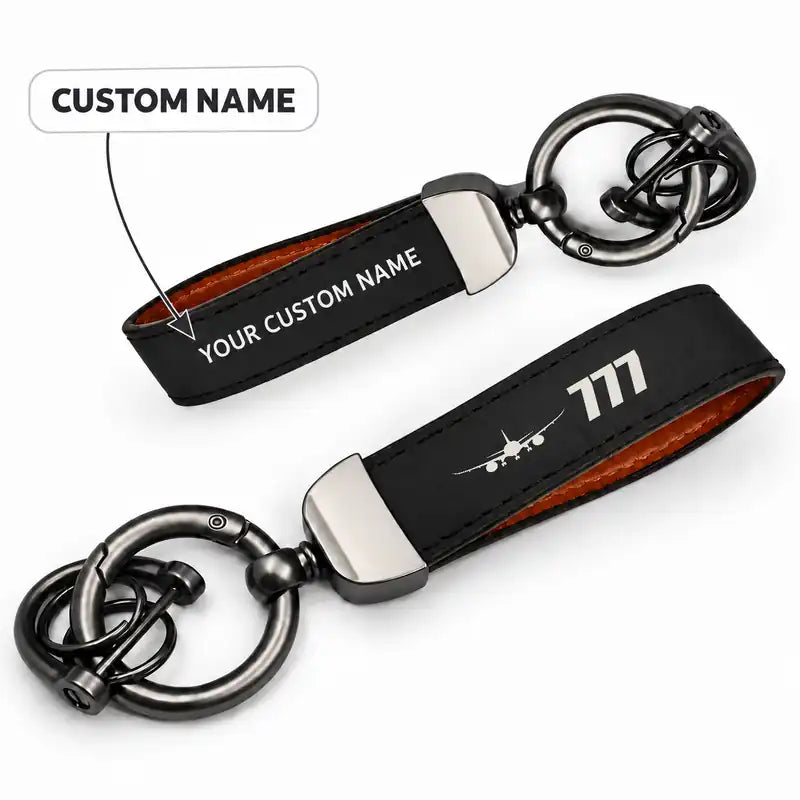 Boeing 777F - Leather Key Chain - Horseshoe Buckle - Heritage - Black + Name