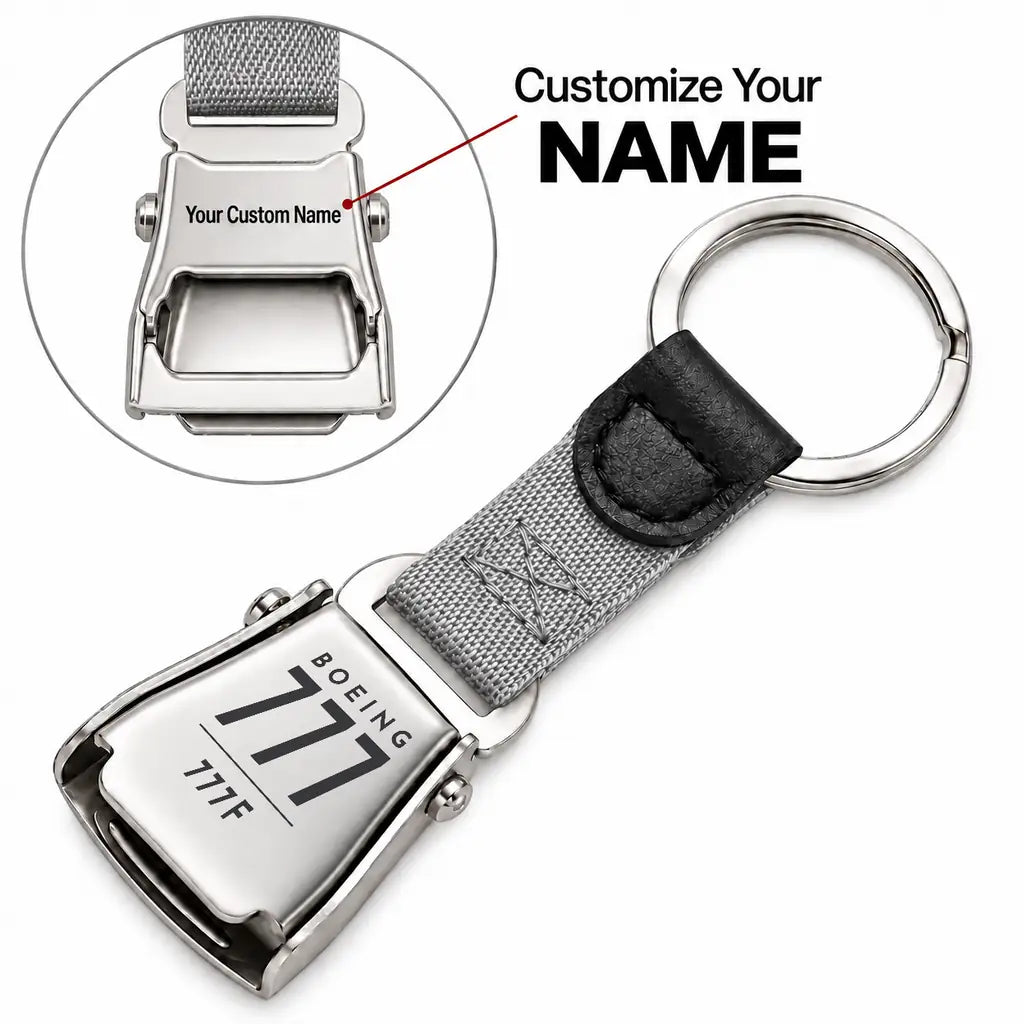 Boeing 777F - Seat Belt Key Chain - Tag + Name - Gray
