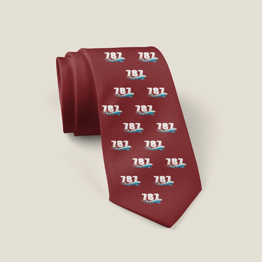 Boeing 787-10 Dreamliner - Cartoon Pattern - Tie - Dark Red
