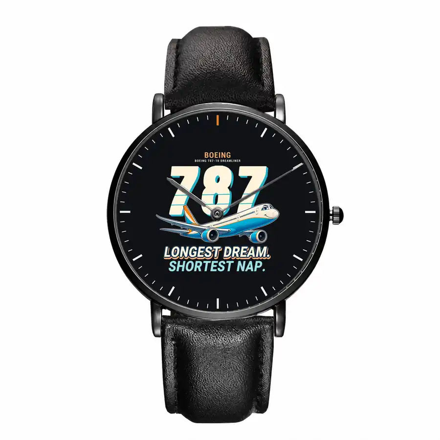Boeing 787-10 Dreamliner - Cartoon - Slim Leather - Black and Black Leather Strap